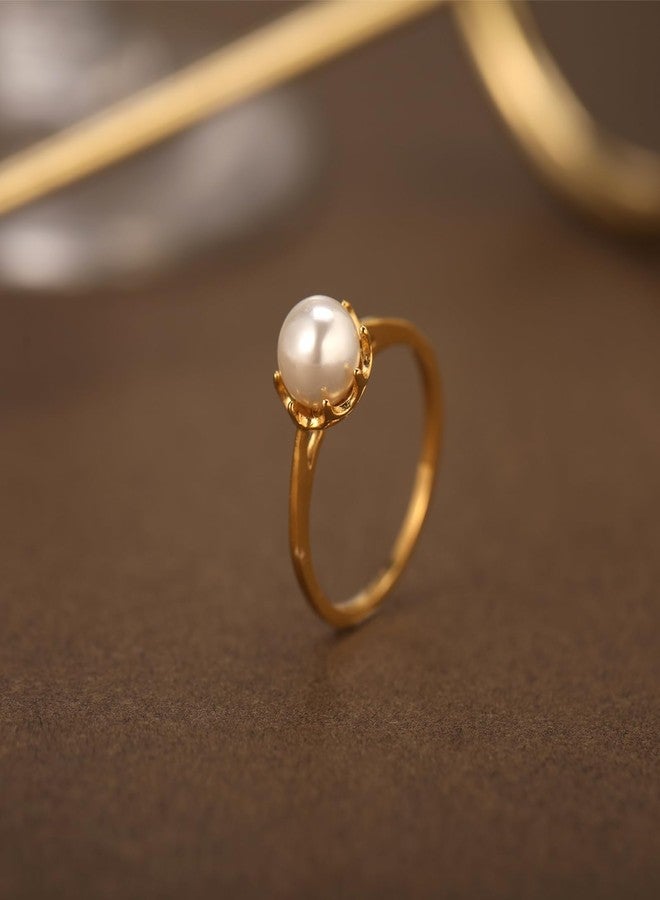 HOSICRON Pearl Ring for Women, 18K Gold Plated Rings for Bride Wedding Engagement Band Birthday Jewelry for Women Fits Sizes 5 to 9 (8) - Image 5